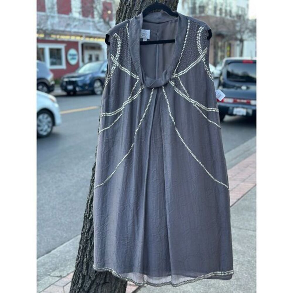 Suzi Chin Maggy Boutique Gray Beaded Cowl Neck Shift Dress Size 22W